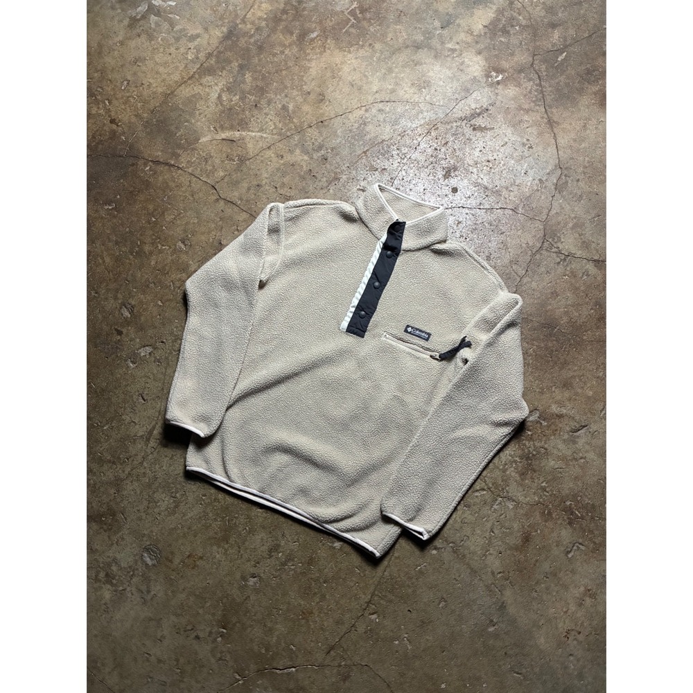 Columbia Mens Fleece Pullover Snap Neck Sherpa Oatmeal Beige Small S/P - Picture 2 of 6
